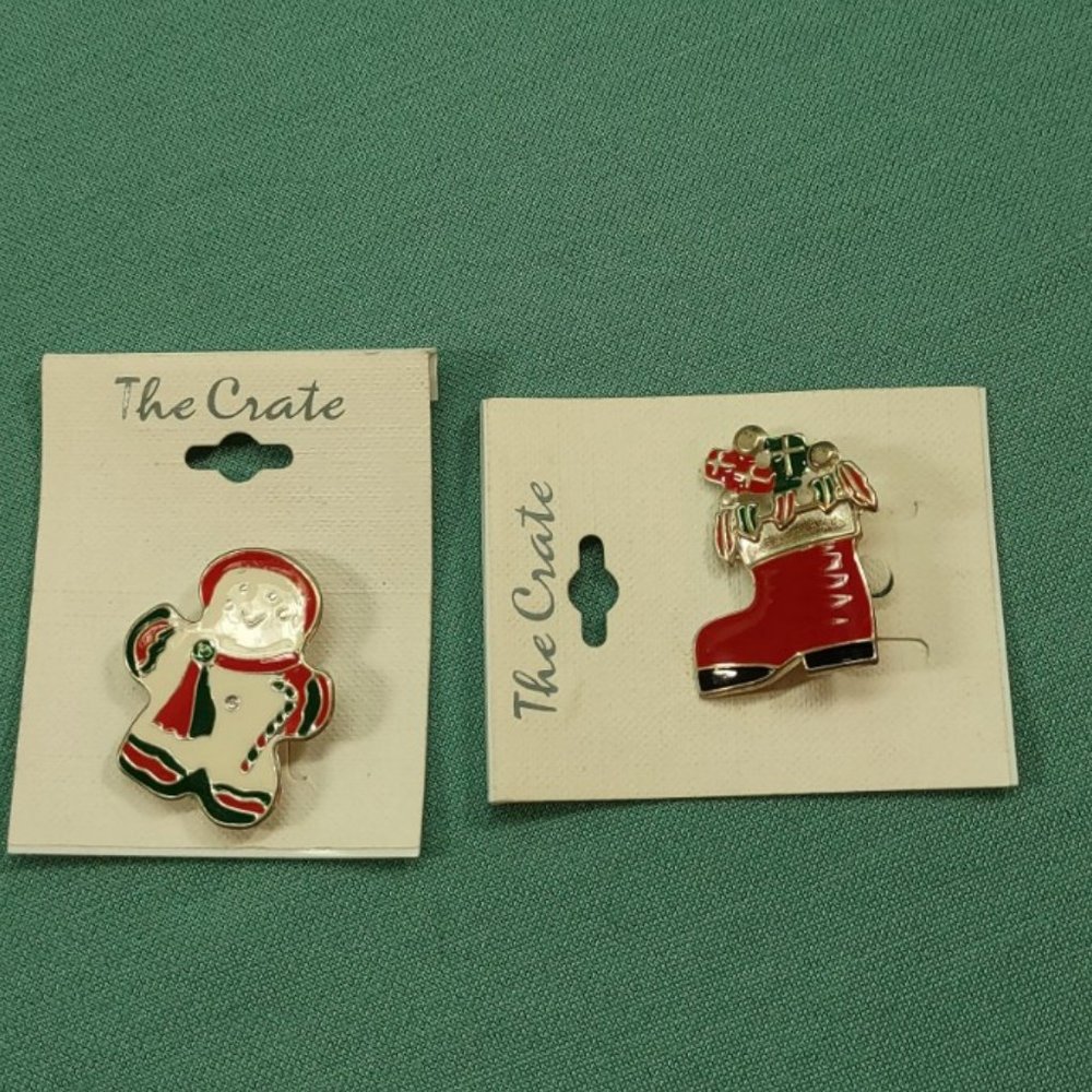 2 Holiday Pins Christmas Boot and Snowman NOS for  Kids or Adults